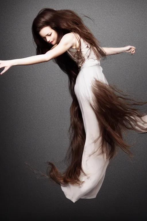 Prompt: a beautiful girl with long flowy hair, floating in thin air, black background