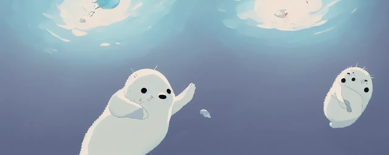 Prompt: a baby harp seal sinking into arctic ocean, atey ghailan, goro fujita, studio ghibli, rim light, scary lighting, clear focus, very coherent,