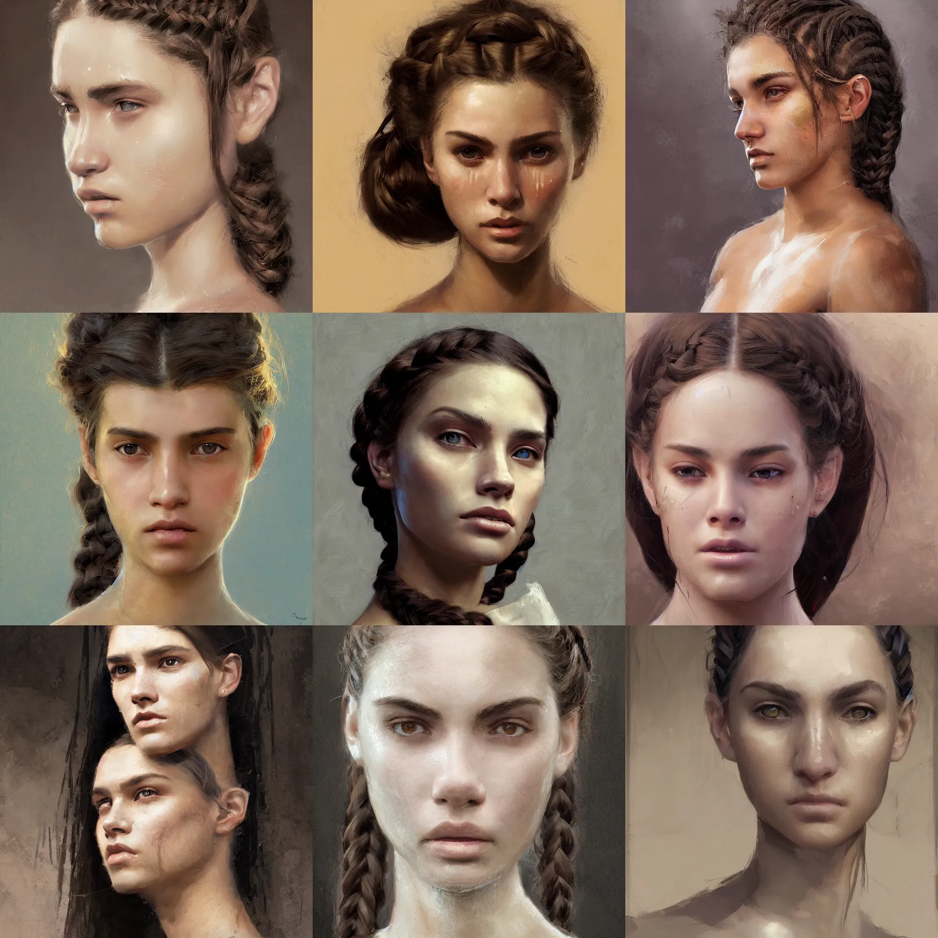 Prompt: digital art painting of a 2 0 years old white skin young latino woman, braid hairstyle, small straight nose, strong defined jaw, brown eyes painted by craig mullins and gaston bussiere and greg rutkowski, symmetrical facial features, symmetrical face, defined facial features, dramatic lighting, close up