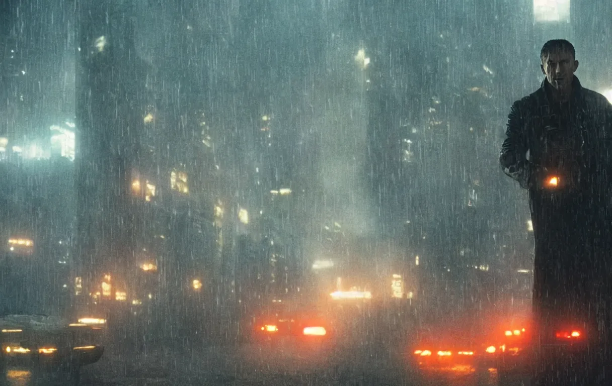 Image similar to blade runner 2047, movie, dystopian city, rain