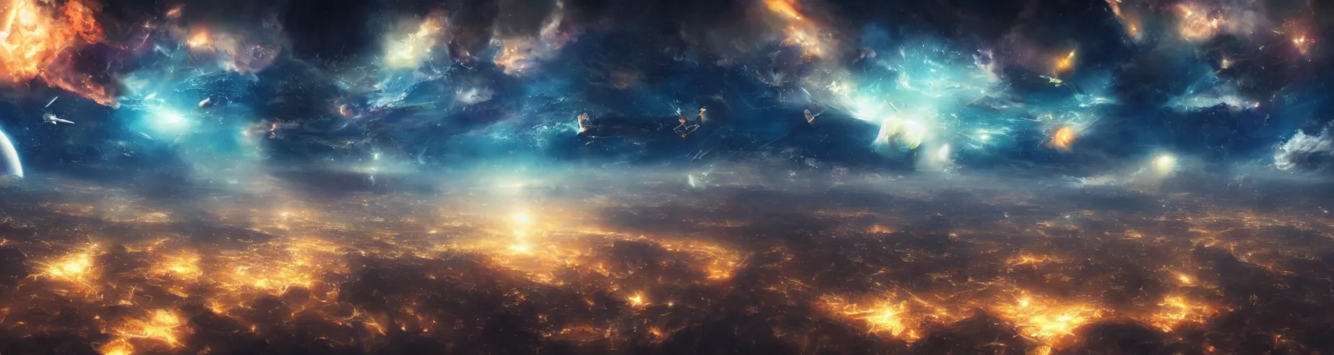 Prompt: city floating in space, lots of spacecraft flying to and from. beautiful nebulae clouds. detailed fantasy art. concept art. dramatic lighting.