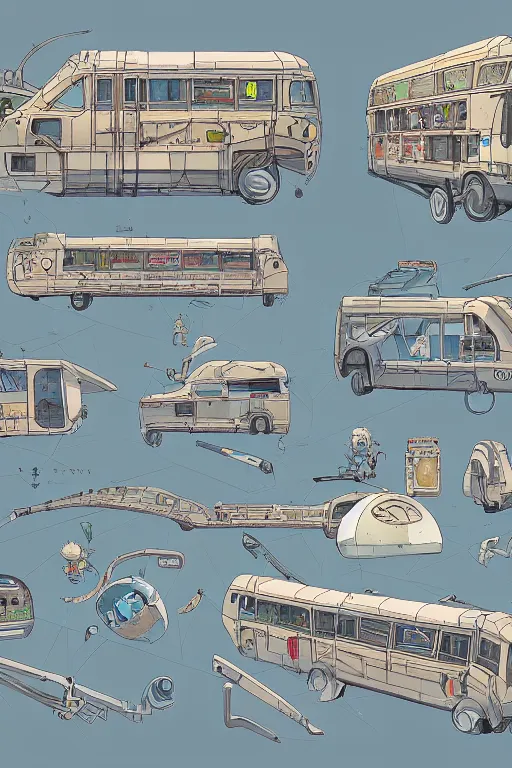 Prompt: Orthographic view, scifi bus Designs, Details, illustration , in the style of Studio ghibli, tekkon kinkreet, akira, breath of the wild, myazaki, anime, clean render, denoise, rule of thirds