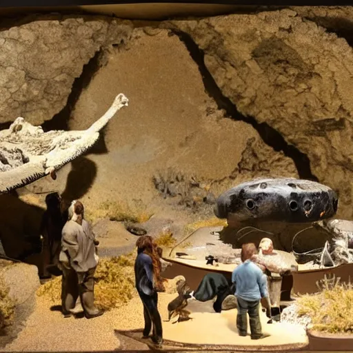 Image similar to natural history museum diorama of a caveman inspecting a ufo crash,