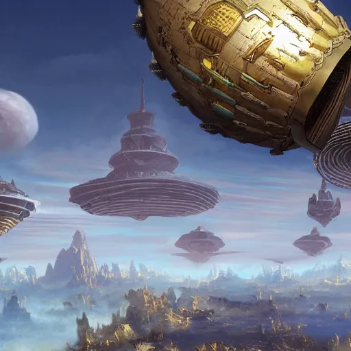 Image similar to enormous flying city in a faberge egg, sky, steampunk, fantasy art, masterpiece, hugh ferriss, unreal engine, peder balke, clouds background