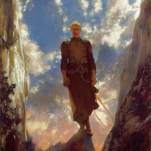 Image similar to attractive male arthur pendragon confesses his love to attractive male merlin. highly detailed painting by gaston bussiere, craig mullins, j. c. leyendecker 8 k