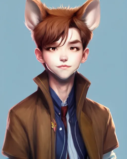 Image similar to character concept art of a cute young male anthropomorphic furry | | cute - fine - face, pretty face, key visual, realistic shaded perfect face, fine details by stanley artgerm lau, wlop, rossdraws, james jean, andrei riabovitchev, marc simonetti, and sakimichan, trending on artstation