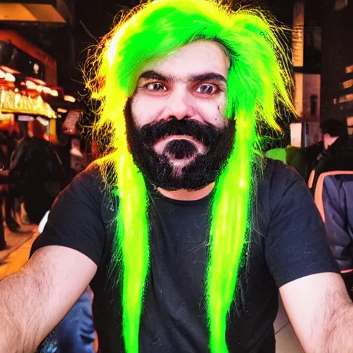 Prompt: a photo of an extremely hirsute man whose hair is neon green from head to toe. he is highly suspected of attempting to steal christmas