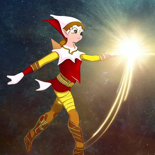 Prompt: an elf woman flies above a battlefield, clutching a ball radiating golden energy. Soft smile, closed eyes