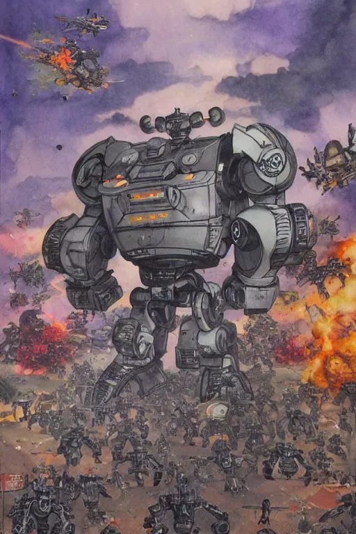 Image similar to inorganic battle robot army, art by frank hampson and shawn mcmanus, trending on artstation, photorealistic, watercolor painting, manga