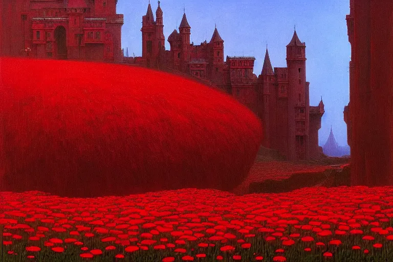 Image similar to only with red, a red expanse of flowers of different types, castle in background, goblin dance over the flowers, in the style of beksinski, parts by edward hopper, parts by rodcenko, parts by yue minjun, intricate and epic composition, red by caravaggio, insanely quality, highly detailed, masterpiece, red light, artstation, 4 k