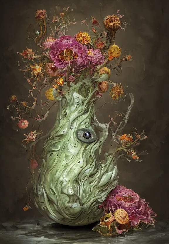 Prompt: biomorphic painting of a vase with flowers and eyeballs, au naturel, hyper detailed, melting plastic, trending in artstation, cinematic lighting, studio quality, smooth render, unreal engine 5 rendered, octane rendered, art style by dorothea tanning and marco mazzoni and ian sprigger and wlop and krenz cushart
