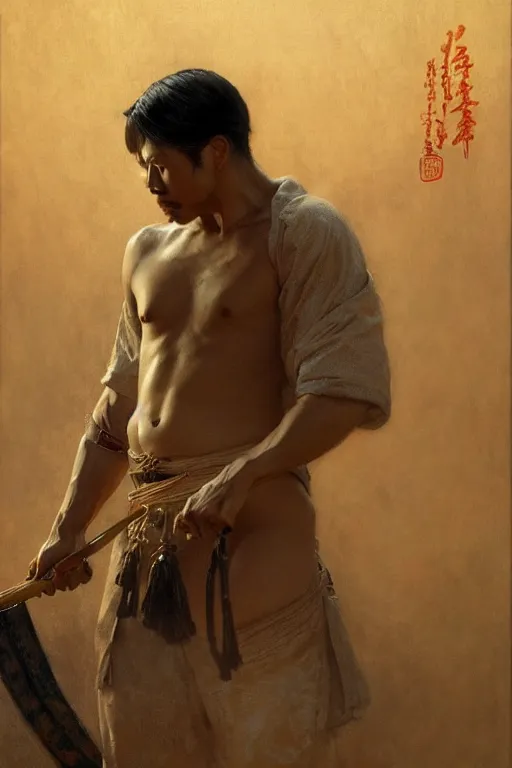 Image similar to attractive male, ghost of tsushima, painting by gaston bussiere, craig mullins, j. c. leyendecker, tom of finland