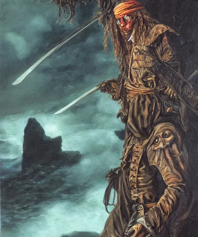 Image similar to ultra realistic color portrait painting of a ghost 1 7 th century pirate with a sword in a grotto, dark, painted, brooding, atmospheric, seascape, horror, smooth, epic, highly detailed, cinematic, by larry elmore