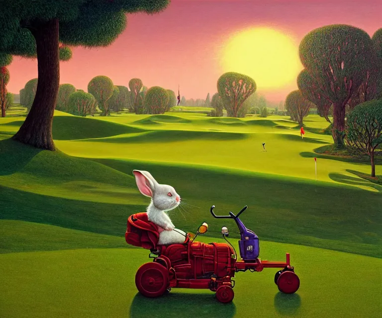 Prompt: hyper detailed 3d render like a Oil painting - a cartoon rabbit riding a lawnmower across a golf course at dawn, by Jacek Yerka, Mariusz Lewandowski, Houdini algorithmic generative render, Abstract brush strokes, Masterpiece, Edward Hopper and James Gilleard, Zdzislaw Beksinski, Mark Ryden, Wolfgang Lettl, hints of Yayoi Kasuma, octane render, 8k