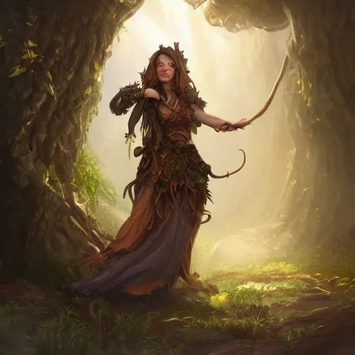 Image similar to a woman tree druid with leaf themed clothing, fully clothed, D&D, fantasy, intricate, cinematic lighting, highly detailed, digital painting, artstation, concept art, smooth, sharp focus, illustration, art by Justin Gerard