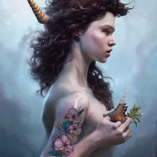 Image similar to portrait of beautiful woman with short curly brown hair, tattoo of unicorn and mermaid, intricate, flowers, mythical, oil painting, Tooth Wu, Greg Rutkowski, RPG, dynamic lighting, fantasy art, High contrast, depth of field