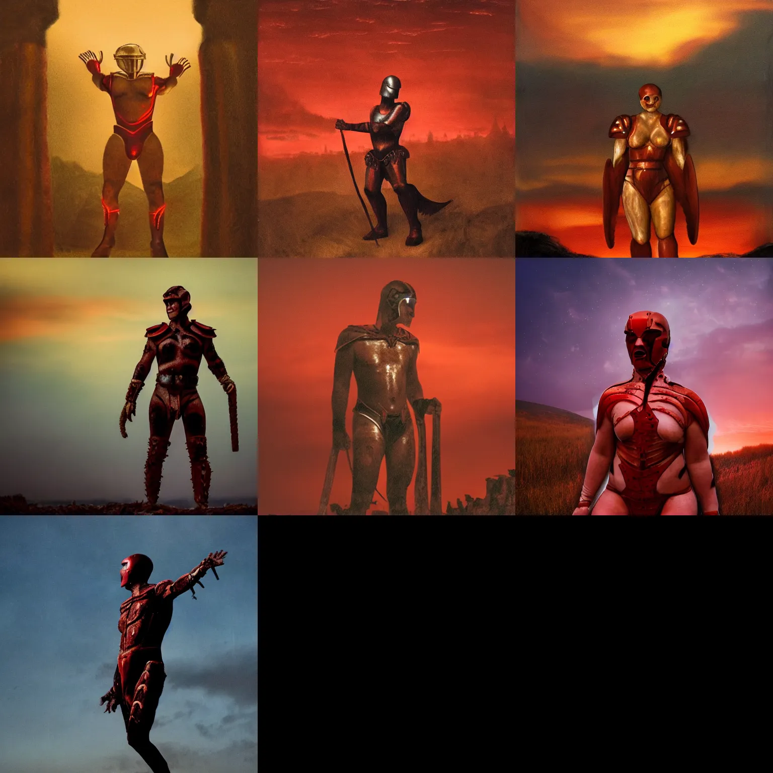 Prompt: gladiator wearing a flesh suit,nighttime,dimly lit,red sky