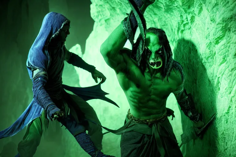 Image similar to vfx film, soul reaver, raziel irl, price of persia movie, missing jaw, hero pose, devouring magic souls, glowing green soul blade, in epic ancient sacred huge cave temple, flat color profile low - key lighting award winning photography arri alexa cinematography, hyper real photorealistic cinematic beautiful, atmospheric cool colorgrade