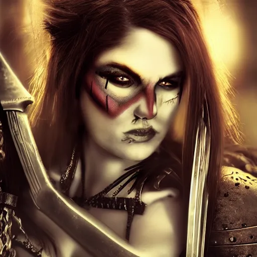 Prompt: photo of a female vampire warrior with weapons, highly detailed