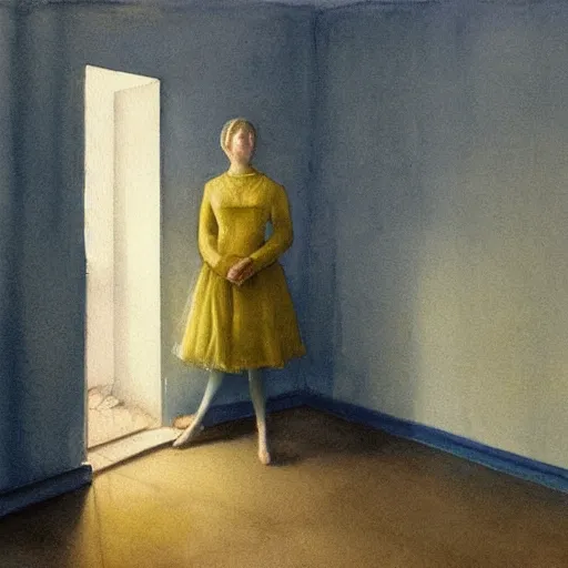 Image similar to close up of a girl in a blue and gold haunted liminal abandoned room, watercolor by ivan biblin, by hammershøi, art noveau, highly detailed, lights by edward hopper, liminal, eerie, bright pastel colors