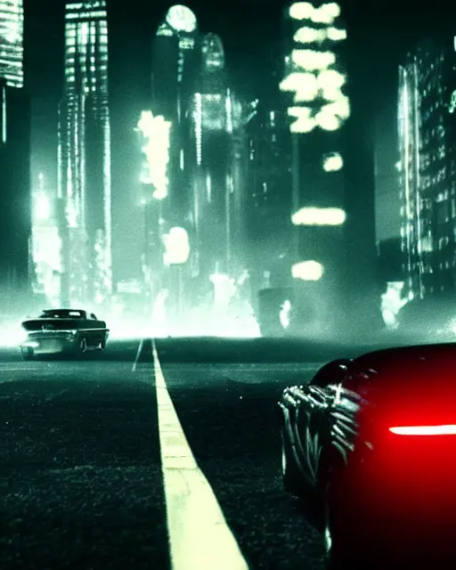 Prompt: hyper-realistic scene from sin city 2, dark city streets with cars and people in the distance, glowing lights, low key, 8k, trending on twitter