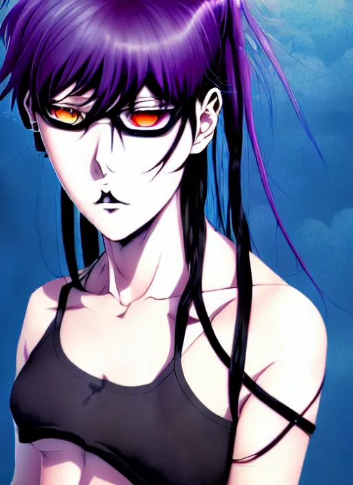 Image similar to style of madhouse studio anime, rei hiroe black lagoon manga, loish, artgerm, joshua middleton comic art, portrait of revy from black lagoon, purple hair, chinese, symmetrical eyes and symmetrical face, jean shorts, white tank top, waist up, sarcastic evil smirk on face, natural lighting, sky and ocean background