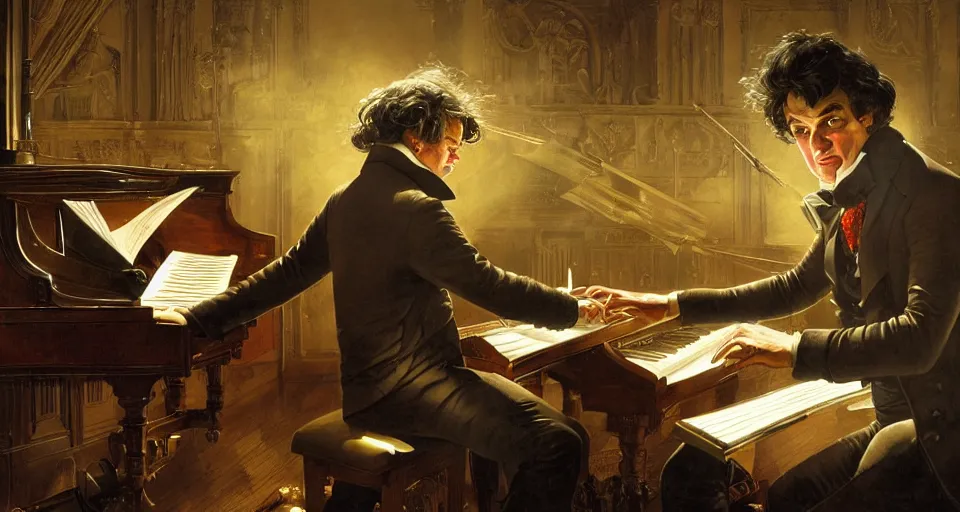 Prompt: beethoven at his piano, musical notes fly, magical sparks, dramatic lighting, highly detailed, digital art, intricate, dramatic lighting, cinematic, art by norman rockwell, greg rutkowski, james gurney