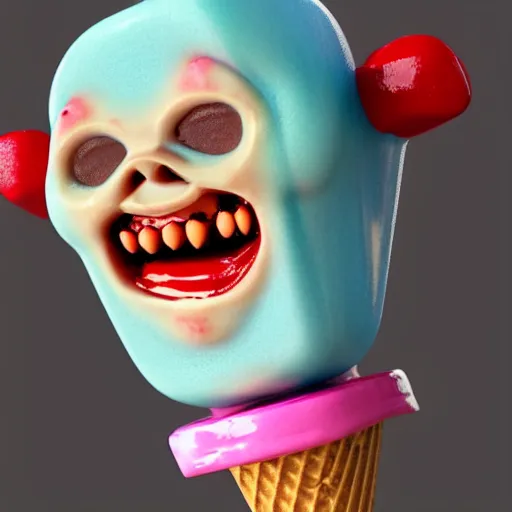 Image similar to ice cream popsicle shaped like screaming chucky doll, octane render, ultrarealistic, centered, volumetric lighting