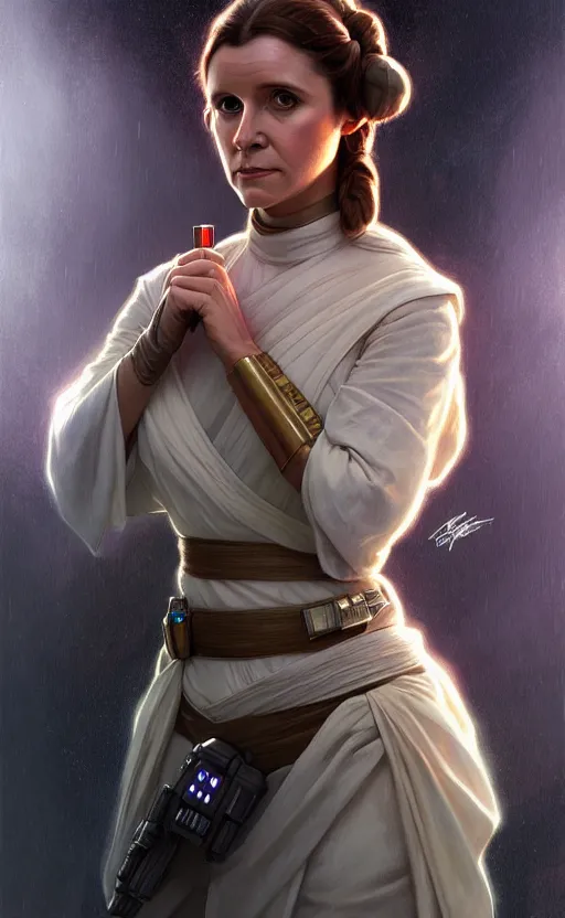 Prompt: portrait of princess leia, star wars, upper body, fantasy, intricate, elegant, highly detailed, digital painting, artstation, concept art, smooth, sharp focus, illustration, art by artgerm and greg rutkowski and alphonse mucha