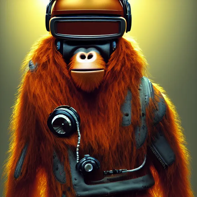 Prompt: a portrait of an anthropomorphic cyberpunk orangutan in a motorcycle helmet, detailed render, tape deck, boombox, headphones, epic composition, cybernetics, 4 k realistic, cryengine, realistic shaded lighting, sharp focus, masterpiece, by matteo scalera, gary montalbano, peter elson in the style of the tokyo ghost comic