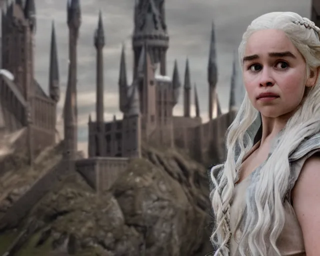 Image similar to Daenerys the Stormborn visit Hogwarts, film still, best shot, very long shot, 8K Imax