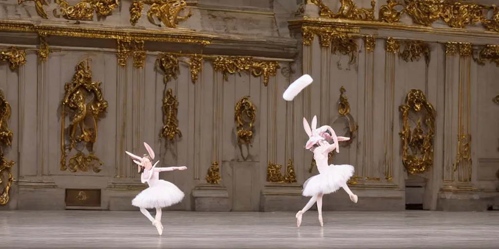 Image similar to a bunny balerina dancing the black swan on the stage of the opera garnier