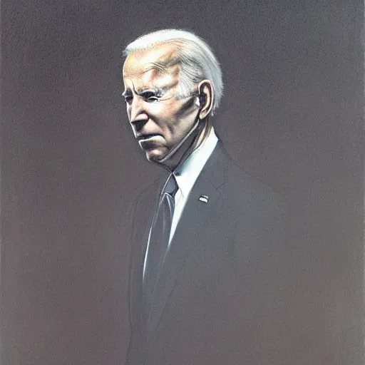 Image similar to presidential portrait of joe biden with shadowy mist pouring from mouth and nose as slenderman, by beksinski, jon mcnaughton, and stephen gammell