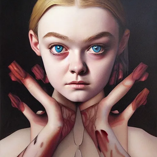 Prompt: a striking hyper real painting of Elle Fanning, dark, metal, by Vladimir Kush