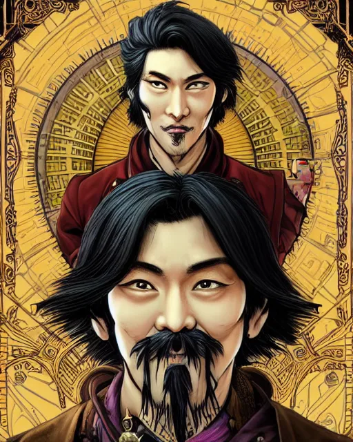 Image similar to a detailed portrait illustration of a steampunk noble - mage. handsome asian male face. art nouveau, pop art, comic book style. influenced by neil gaiman, h. p. lovecraft, dan mumford, eddie mendoza, vadim voitekhovitch, killian eng, ross tran.