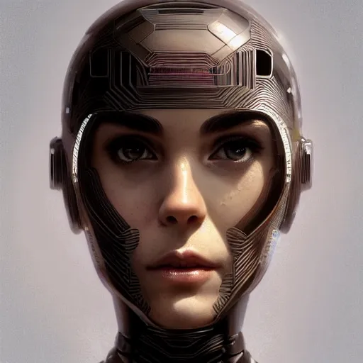 Image similar to headshot of humanoid robot from ex machina, intricate, headshot, highly detailed, digital painting, artstation, concept art, sharp focus, cinematic lighting, illustration, art by artgerm and greg rutkowski, alphonse mucha, cgsociety