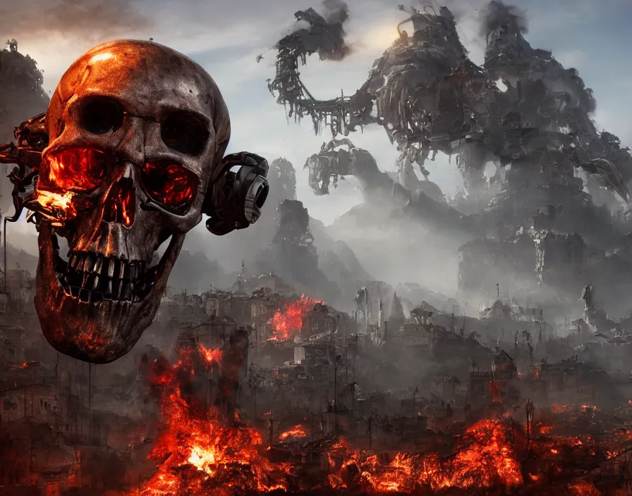 Image similar to terminator skull, destroyed town on background, fantasy artwork, very beautiful scenery, hd, hdr, ue 5, ue 6, unreal engine 5, cinematic 4 k wallpaper, 8 k, ultra detailed, by popular digital, details, beautiful image ever created, high resolution, artstation, award winning, detailed body, details face, realistic body proportions