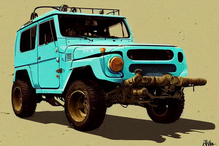 Image similar to digital illustration of a faded cyan mad max's fj 4 0 decrepit!!!! pursuit special, rusty!!! nissan fj cruiser heavily modded 1 9 9 0 s, the last v 8 interceptor by makoto shinkai, ilya kuvshinov, lois van baarle, rossdraws, basquiat