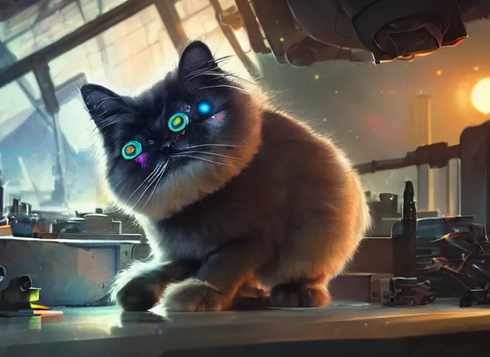 Image similar to low angle shot of a stretching persian cat wearing cyberpunk outfit on a mechanics workbench in a spaceport in a space opera studio ghibli animated film, volumetric lighting, octane render by anime, stanley artgerm lau, greg rutkowski, thomas kindkade, alphonse mucha, loish, norman rockwel, highly detailed