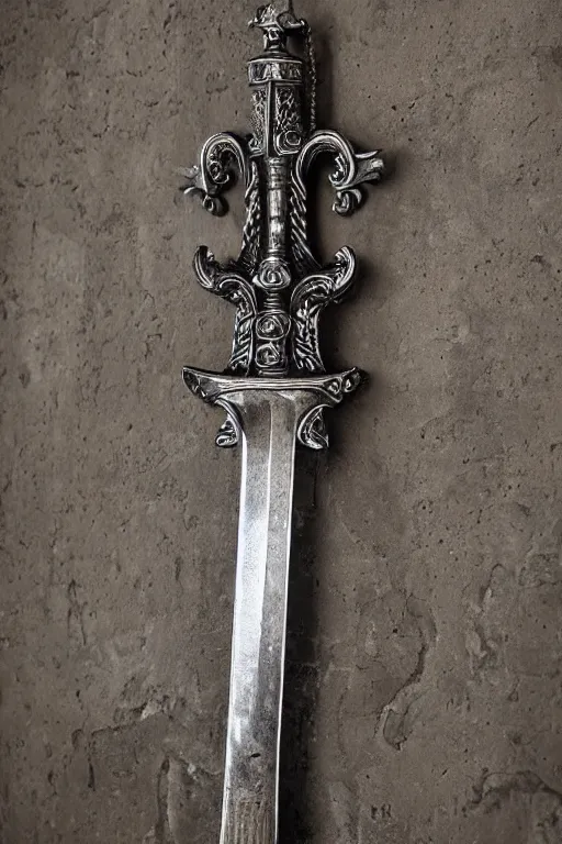 Prompt: sword of justice hanging on a wall, ornate gem in pommel, engraved blade