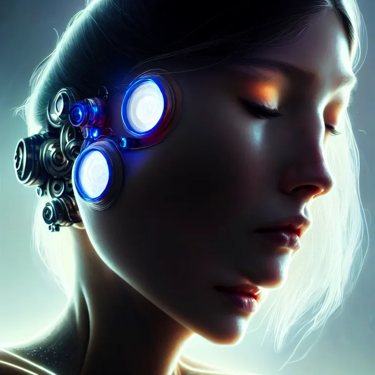 Prompt: ultra realistic, beautiful cyborg woman eyes closed, metahuman, cyberpunk, sci-fi, magic, fantasy, intricate details, elegant, highly detailed, digital painting, octane render, clay render, artstation, concept art, smooth, sharp focus, eerie, illustration, 8k, HD, art by artgerm and greg rutkowski and alphonse mucha