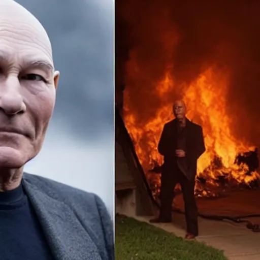 Image similar to a photo of a house burning down in the background and patrick stewart with an eerie expression in the foreground, strong depth of field