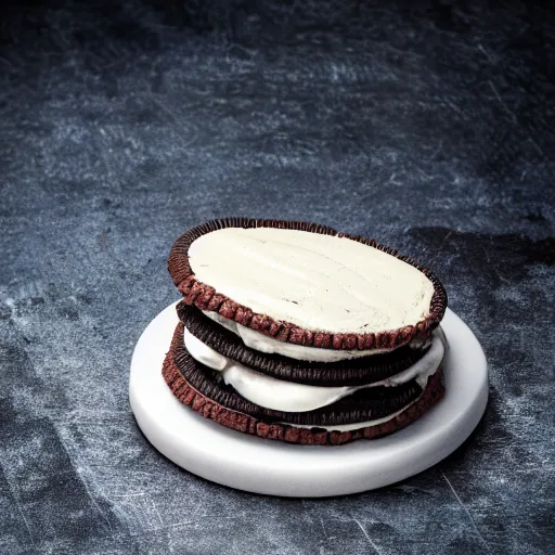 Prompt: oreo Ice cream sandwich with sliced ham in the middle, 4K photo, studio lighting