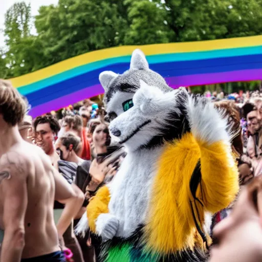 Image similar to a furry dancing to techno at a pride event in Prague, 4K photograph, National Geographic photo