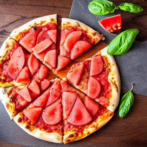 Prompt: pizza made from watermelon with a watermelon-like crust