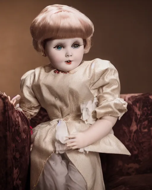 Image similar to high quality presentation photo of young Shirley MacLaine as a porcelain doll, photography 4k, f1.8 anamorphic, bokeh, 4k, Canon, Nikon