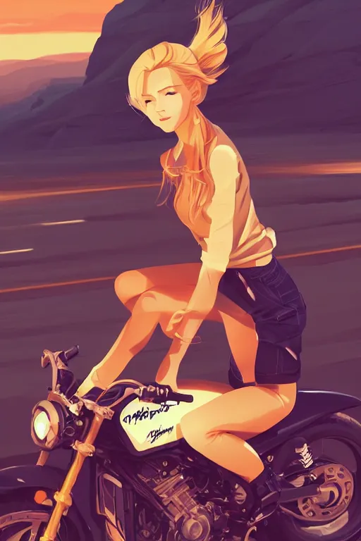 Image similar to a girl on a motorcycle, blond hair, centered, solid bacgkround, median photoshop filter cutout vector behance, hd by artgerm, jesper ejsing, by rhads, makoto shinkai and lois van baarle, ilya kuvshinov, rossdraws, illustration, art by ilya kuvshinov and gustav klimt