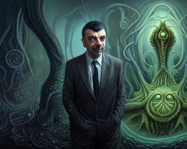 Prompt: lovecraft biopunk portrait of rowan sebastian atkinson, fractal background, cthulhu behind him, by tomasz alen kopera and peter mohrbacher