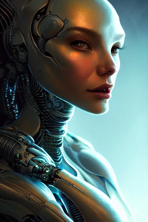 Image similar to attractive female alien - cyborg, close - up portrait, intricate, elegant, volumetric lighting, scenery, digital painting, highly detailed, artstation, sharp focus, illustration, concept art, luis rollo, ruan jia, steve mccurry, john berkey