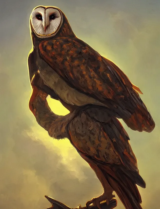 Prompt: barn owl - inspired rogue. this heavily stylized oil painting by the award - winning comic artist has interesting color contrasts, plenty of details and impeccable lighting.